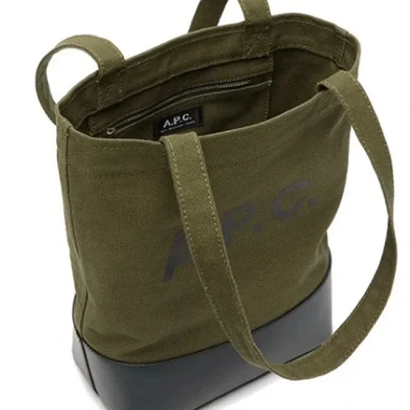 A.P.C. AXELLE LEATHER & CANVAS TOTE- OLIVE/BLACK- UNISEX NWOT- Badass! - Picture 3 of 13